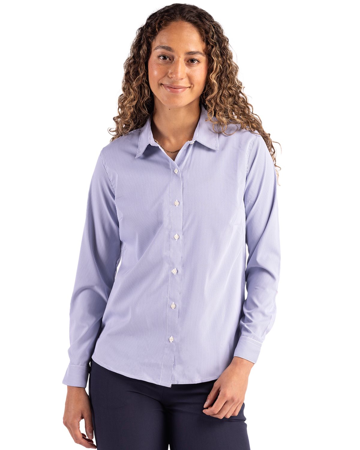 Cutter & Buck Skyline Recycled Pinstripe Womens Long Sleeve Spread Collar Dress Shirt - LCW00021