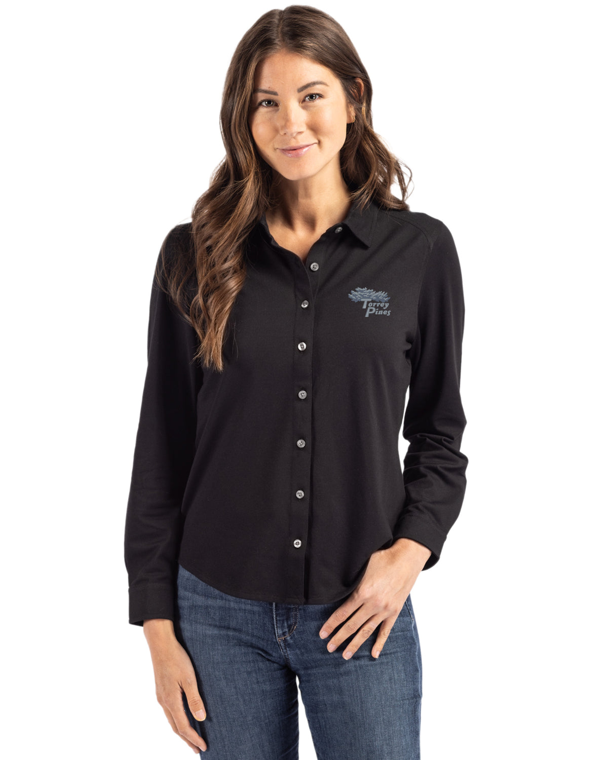 Torrey Pines Cutter & Buck Advantage Recycled Cotton-Blend Pique Womens Long Sleeve Button Down Shirt - LCK00188-35492