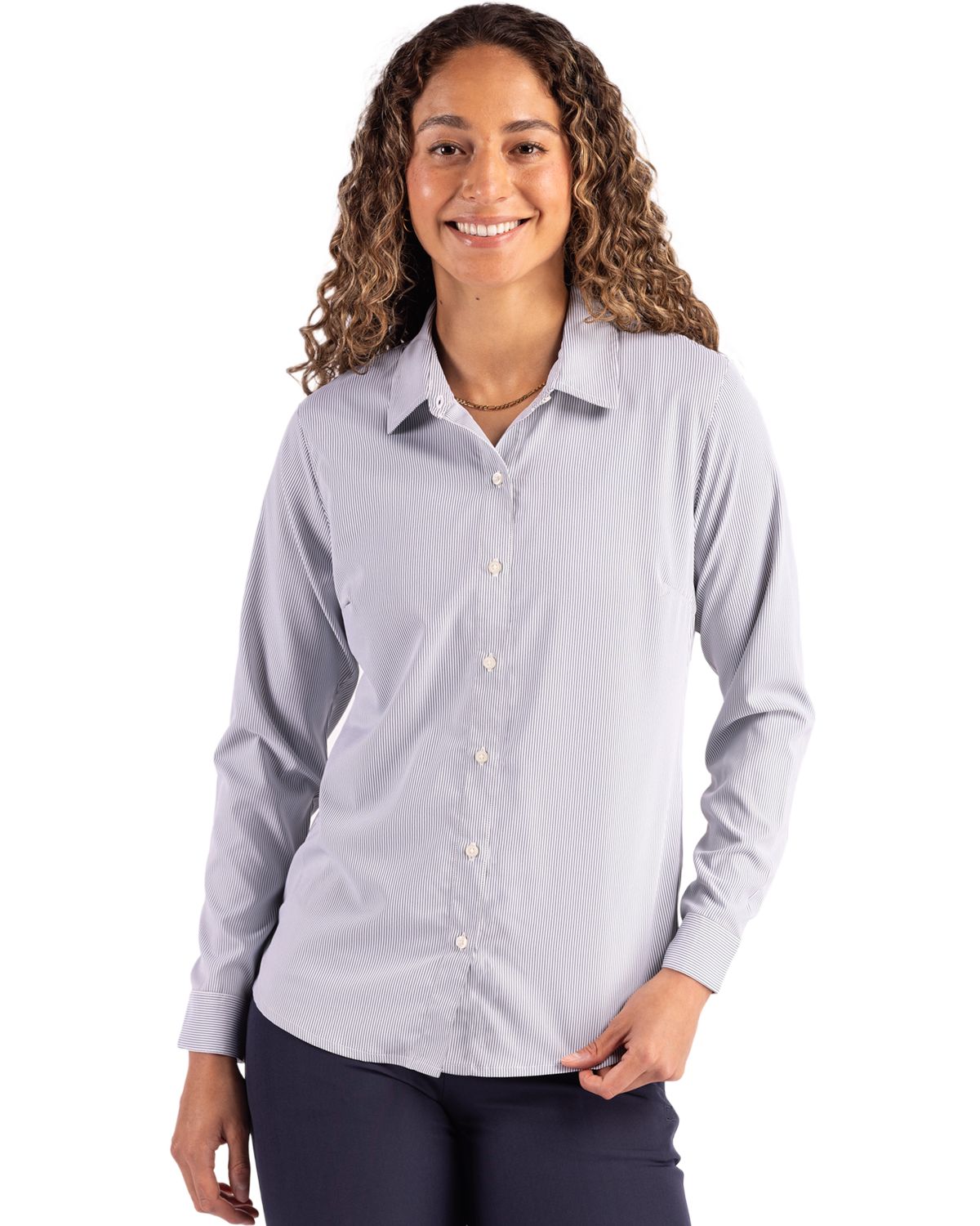 Cutter & Buck Skyline Recycled Pinstripe Womens Long Sleeve Spread Collar Dress Shirt - LCW00021