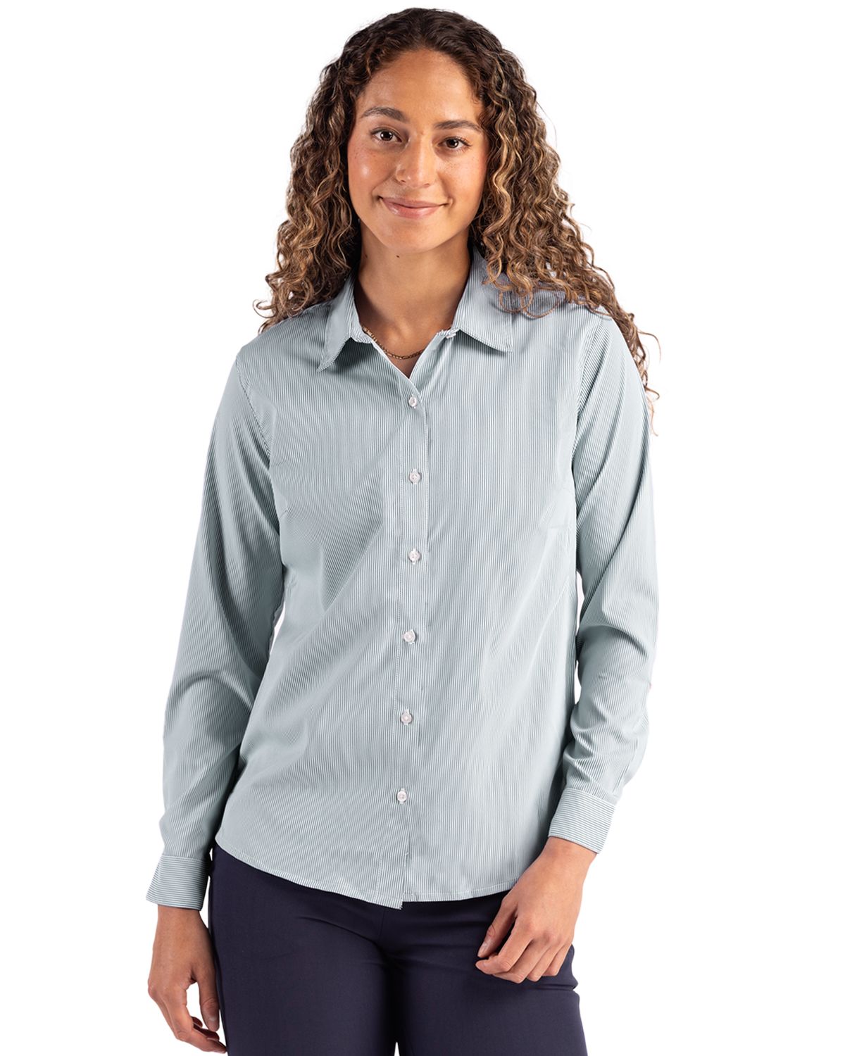 Cutter & Buck Skyline Recycled Pinstripe Womens Long Sleeve Spread Collar Dress Shirt - LCW00021