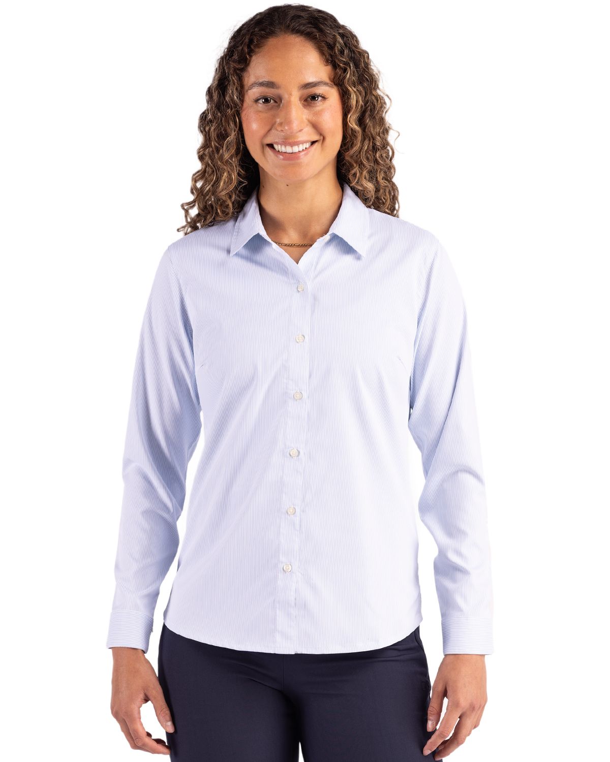 Cutter & Buck Skyline Recycled Pinstripe Womens Long Sleeve Spread Collar Dress Shirt - LCW00021