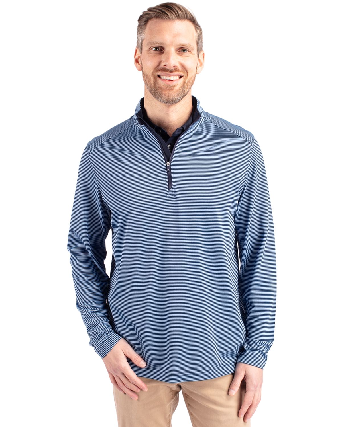 Cutter & Buck Virtue Recycled Micro Stripe Featherlight Pique Mens Quarter Zip Pullover - MCK01258