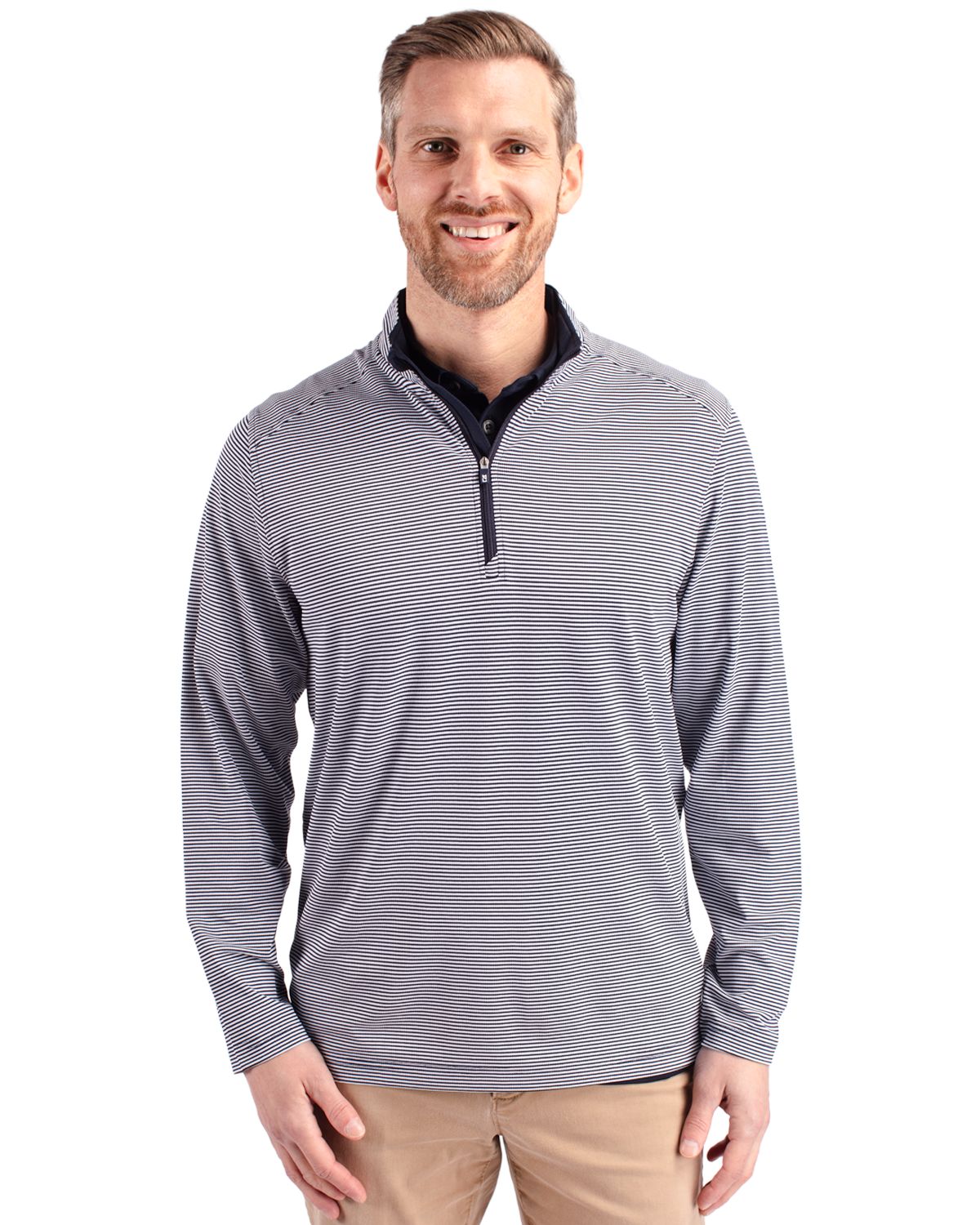 Cutter & Buck Virtue Recycled Micro Stripe Featherlight Pique Mens Quarter Zip Pullover - MCK01258